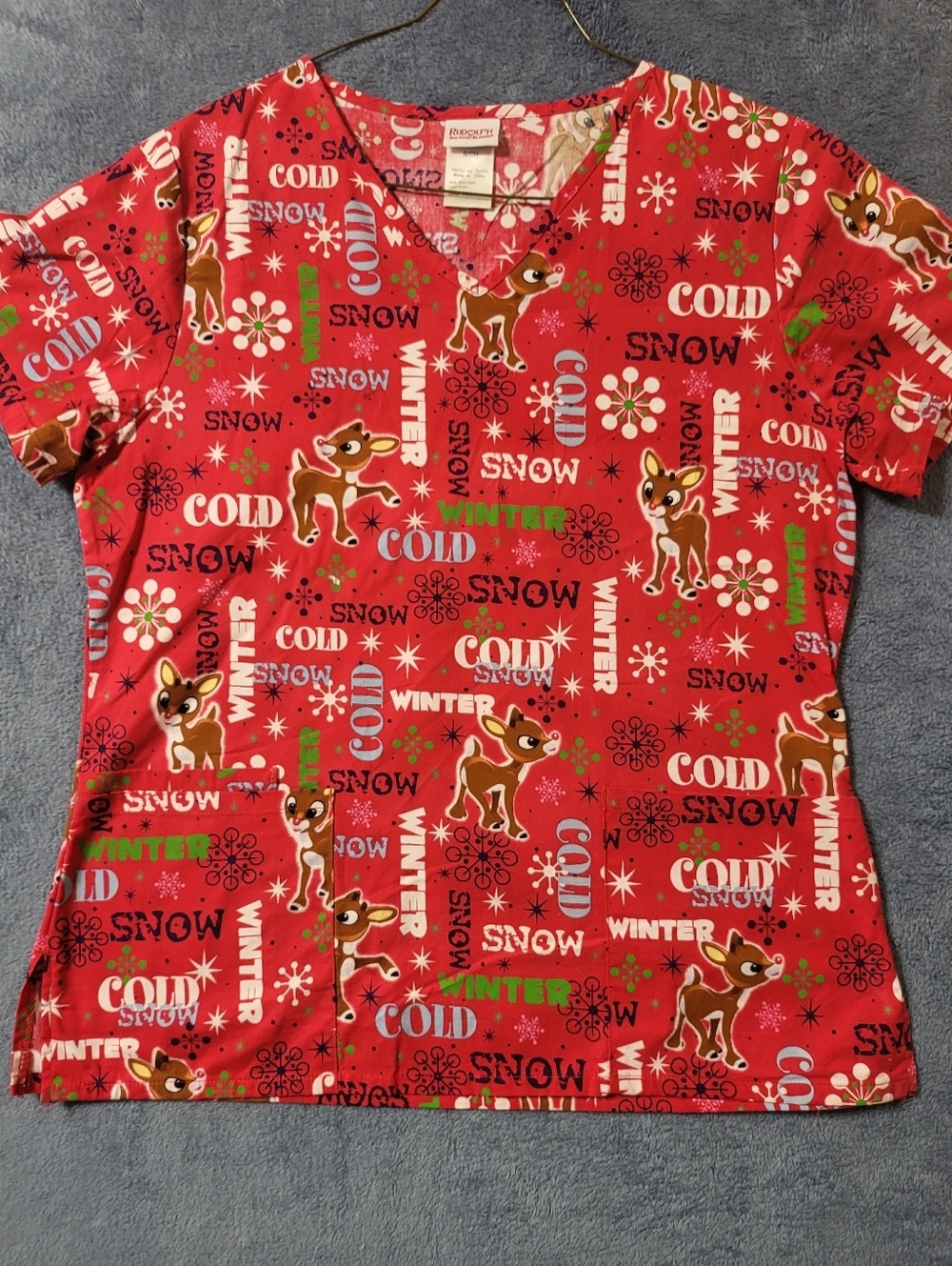 Women's Small Rudolph the Red Nosed Reindeer Scrub Top Nurse Medical Christmas